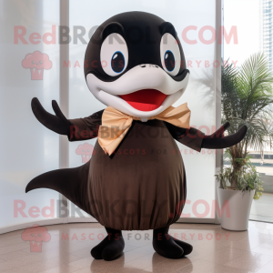 Brown Killer Whale mascot costume character dressed with a Cocktail Dress and Scarf clips