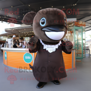 Brown Killer Whale mascot costume character dressed with a Cocktail Dress and Scarf clips