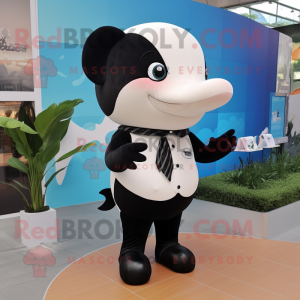 Cream Killer Whale mascot costume character dressed with a Oxford Shirt and Hair clips