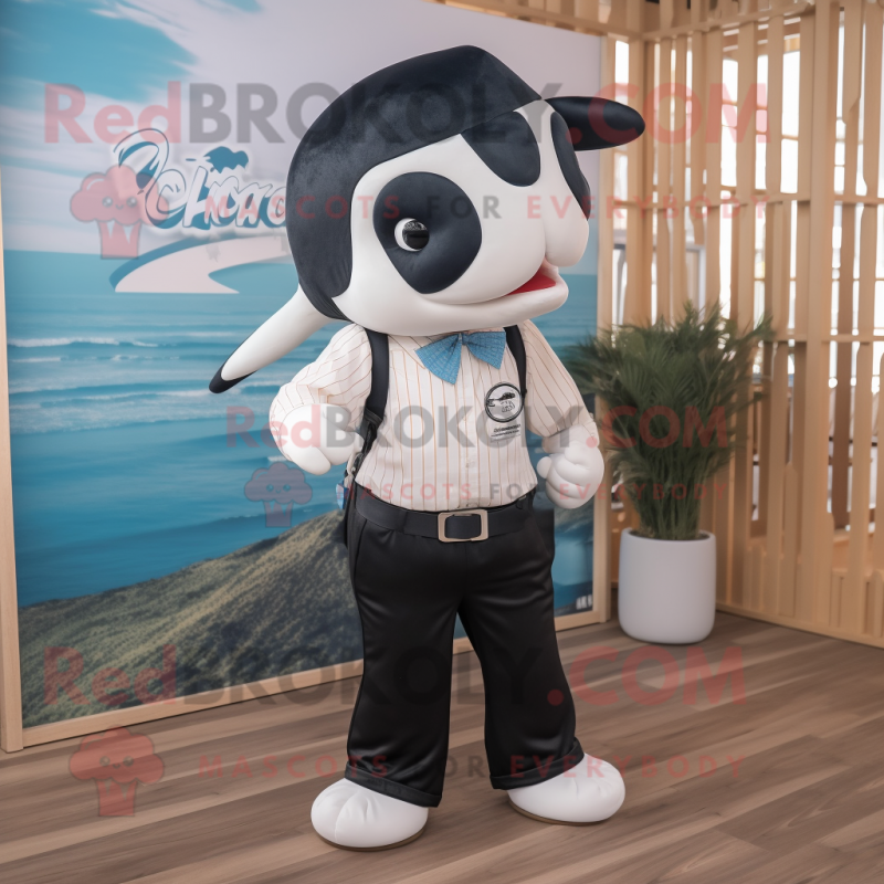 Cream Killer Whale mascot costume character dressed with a Oxford Shirt and Hair clips