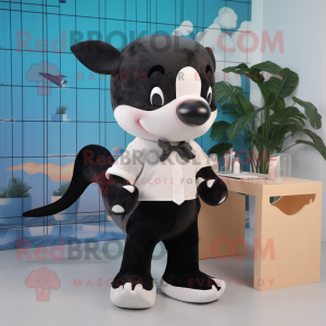 Cream Killer Whale mascot costume character dressed with a Oxford Shirt and Hair clips