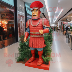 Red Roman Soldier mascot costume character dressed with a Denim Shirt and Foot pads