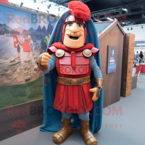 Red Roman Soldier mascot costume character dressed with a Denim Shirt and Foot pads