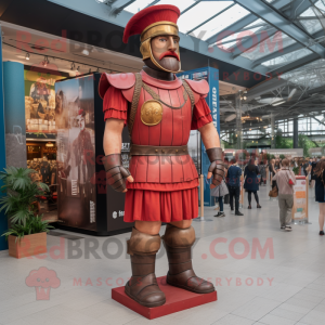 Red Roman Soldier mascot costume character dressed with a Denim Shirt and Foot pads