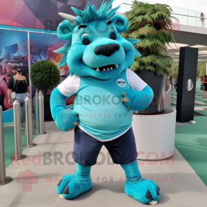 Cyan Wild Boar mascot costume character dressed with a Tank Top and Earrings