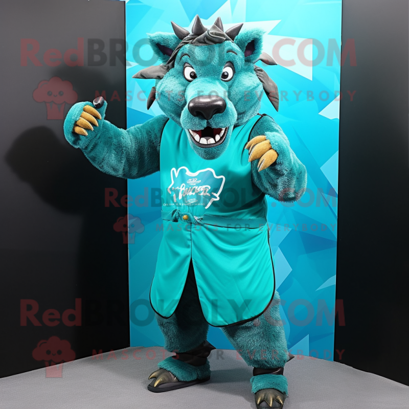 Cyan Wild Boar mascot costume character dressed with a Tank Top and Earrings Cyan Wild Boar mascot costume character dressed with a Tank Top and Earrings