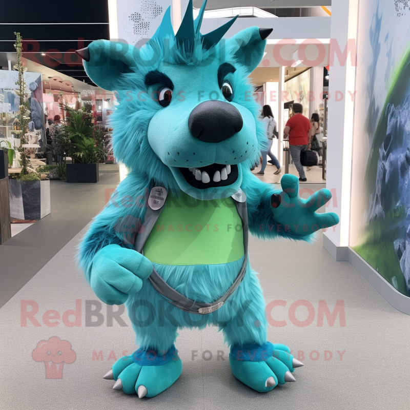 Cyan Wild Boar mascot costume character dressed with a Tank Top and Earrings