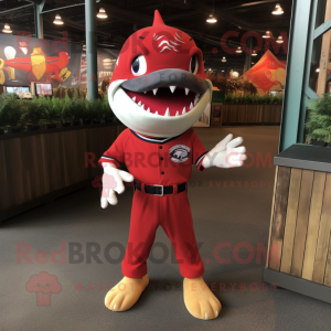 Red Shark mascot costume character dressed with a Baseball Tee and Suspenders