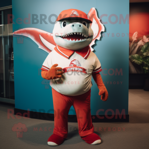 Red Shark mascot costume character dressed with a Baseball Tee and Suspenders