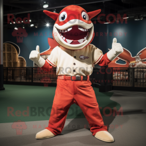 Red Shark mascot costume character dressed with a Baseball Tee and Suspenders