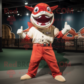 Red Shark mascot costume character dressed with a Baseball Tee and Suspenders