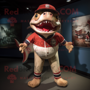 Red Shark mascot costume character dressed with a Baseball Tee and Suspenders