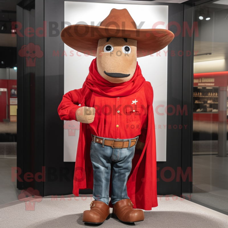 Red Cowboy mascot costume character dressed with a Sweatshirt and Pocket squares Red Cowboy mascot costume character dressed with a Sweatshirt and Pocket squares