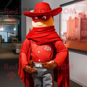 Red Cowboy mascot costume character dressed with a Sweatshirt and Pocket squares