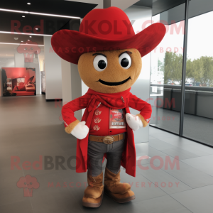 Red Cowboy mascot costume character dressed with a Sweatshirt and Pocket squares