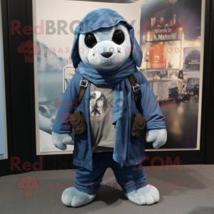 Cyan Navy Seal mascot costume character dressed with a Boyfriend Jeans and Scarves