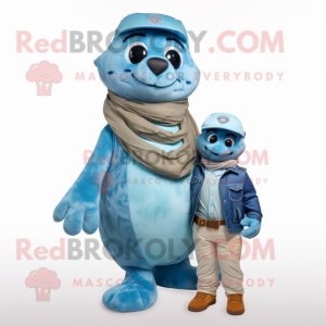 Cyan Navy Seal mascot costume character dressed with a Boyfriend Jeans and Scarves