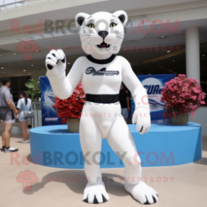 White Panther mascot costume character dressed with a Bikini and Hair clips