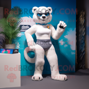 White Panther mascot costume character dressed with a Bikini and Hair clips