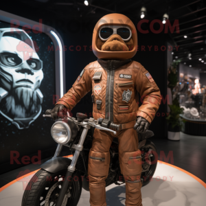 Brown Astronaut mascot costume character dressed with a Biker Jacket and Cufflinks