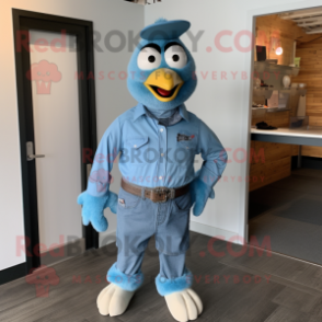 Blue Chicken mascot costume character dressed with a Button-Up Shirt and Belts