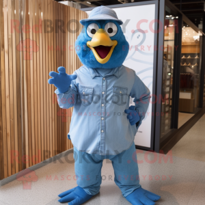 Blue Chicken mascot costume character dressed with a Button-Up Shirt and Belts