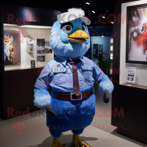 Blue Chicken mascot costume character dressed with a Button-Up Shirt and Belts