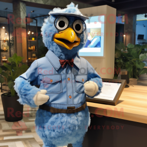 Blue Chicken mascot costume character dressed with a Button-Up Shirt and Belts