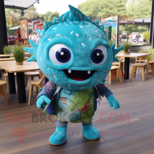 Cyan Fish Tacos mascot costume character dressed with a Playsuit and Backpacks