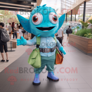 Cyan Fish Tacos mascot costume character dressed with a Playsuit and Backpacks