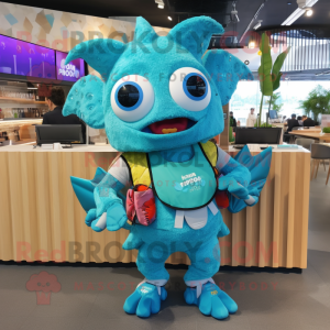 Cyan Fish Tacos mascot costume character dressed with a Playsuit and Backpacks