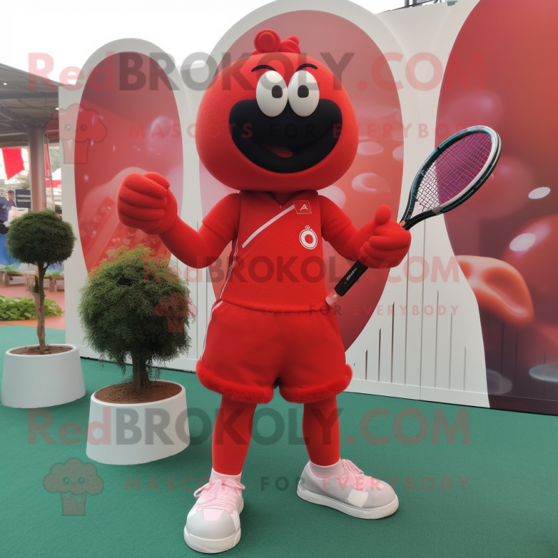 Red Tennis Racket mascot costume character dressed with a Yoga Pants and Belts Red Tennis Racket mascot costume character dressed with a Yoga Pants and Belts