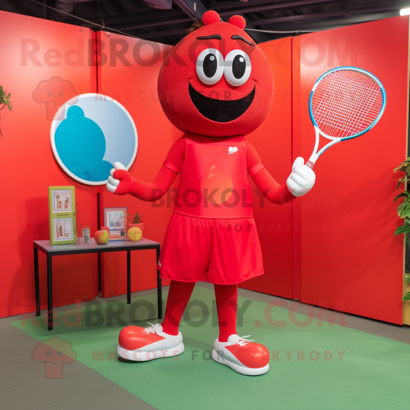 Red Tennis Racket mascot costume character dressed with a Yoga Pants and Belts Red Tennis Racket mascot costume character dressed with a Yoga Pants and Belts