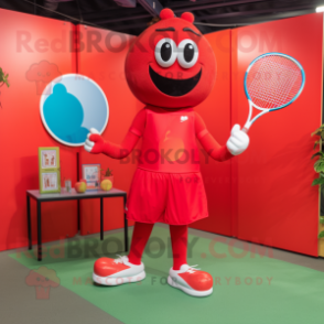 Red Tennis Racket mascot costume character dressed with a Yoga Pants and Belts