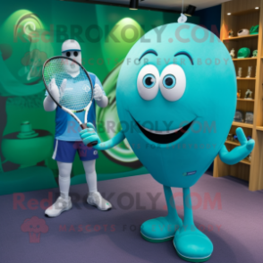 Teal Tennis Racket mascot costume character dressed with a Bodysuit and Smartwatches