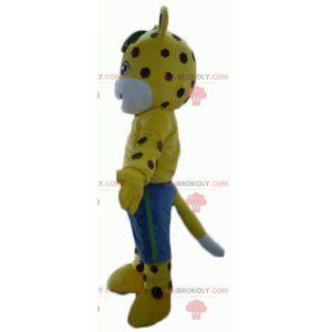 Yellow and white tiger mascot with brown polka dots with shorts