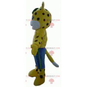 Yellow and white tiger mascot with brown polka dots with shorts