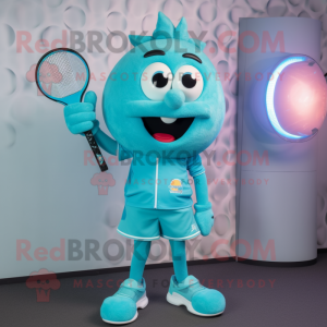 Teal Tennis Racket mascot costume character dressed with a Bodysuit and Smartwatches