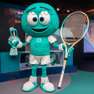 Teal Tennis Racket mascot costume character dressed with a Bodysuit and Smartwatches