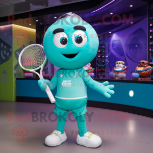 Teal Tennis Racket mascot costume character dressed with a Bodysuit and Smartwatches