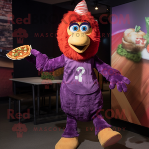 Purple Chicken Parmesan mascot costume character dressed with a Leggings and Suspenders