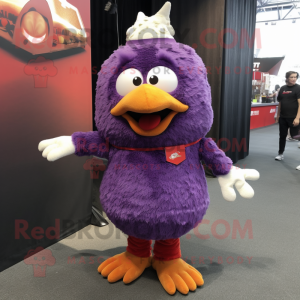Purple Chicken Parmesan mascot costume character dressed with a Leggings and Suspenders