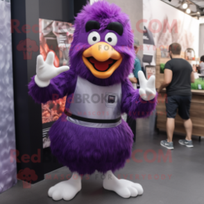 Purple Chicken Parmesan mascot costume character dressed with a Leggings and Suspenders