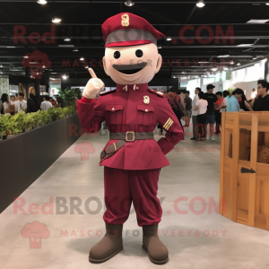 Maroon Army Soldier mascot costume character dressed with a Dress Pants and Suspenders