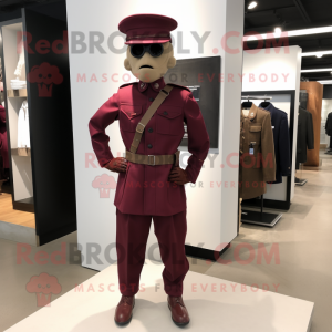 Maroon Army Soldier mascot costume character dressed with a Dress Pants and Suspenders