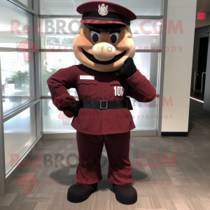 Maroon Army Soldier mascot costume character dressed with a Dress Pants and Suspenders