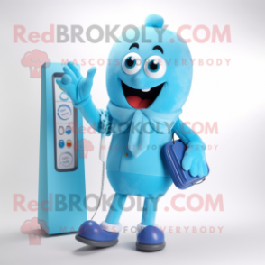 Sky Blue Phone mascot costume character dressed with a Jacket and Handbags