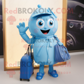 Sky Blue Phone mascot costume character dressed with a Jacket and Handbags