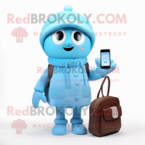 Sky Blue Phone mascot costume character dressed with a Jacket and Handbags