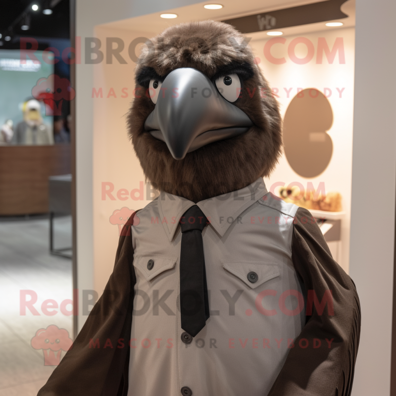 Brown Crow mascot costume character dressed with a Poplin Shirt and Tie pins Brown Crow mascot costume character dressed with a Poplin Shirt and Tie pins